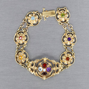 Victorian Revival Scroll Multi Gemstone Bracelet in 14k Yellow Gold