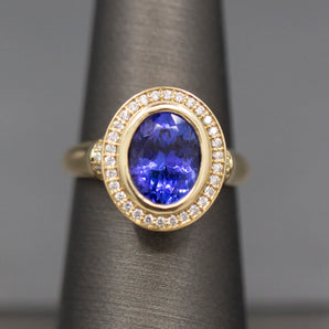 Handcrafted Bold Bezel Set Tanzanite and Diamond Ring in 14k Yellow Gold
