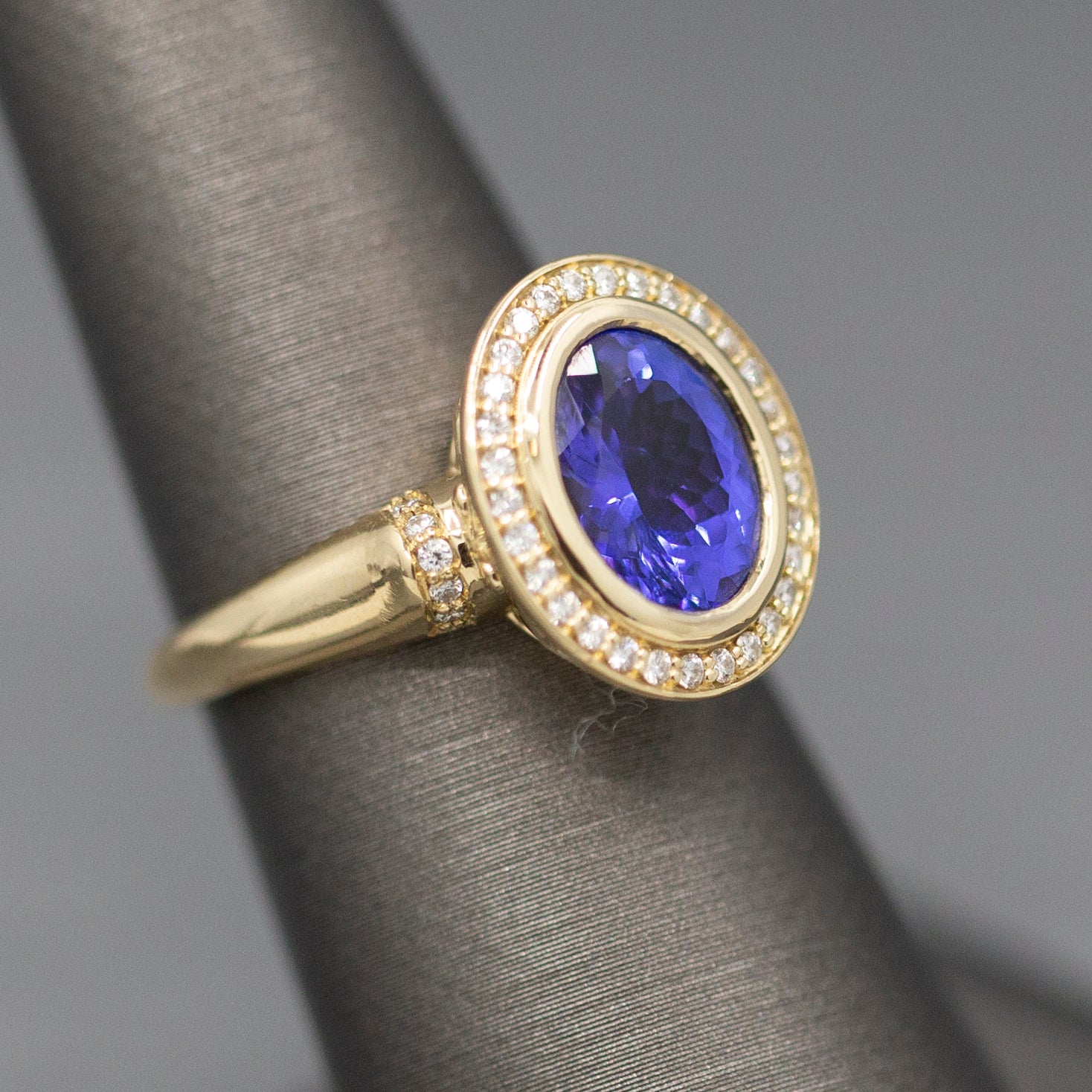 Handcrafted Bold Bezel Set Tanzanite and Diamond Ring in 14k Yellow Gold