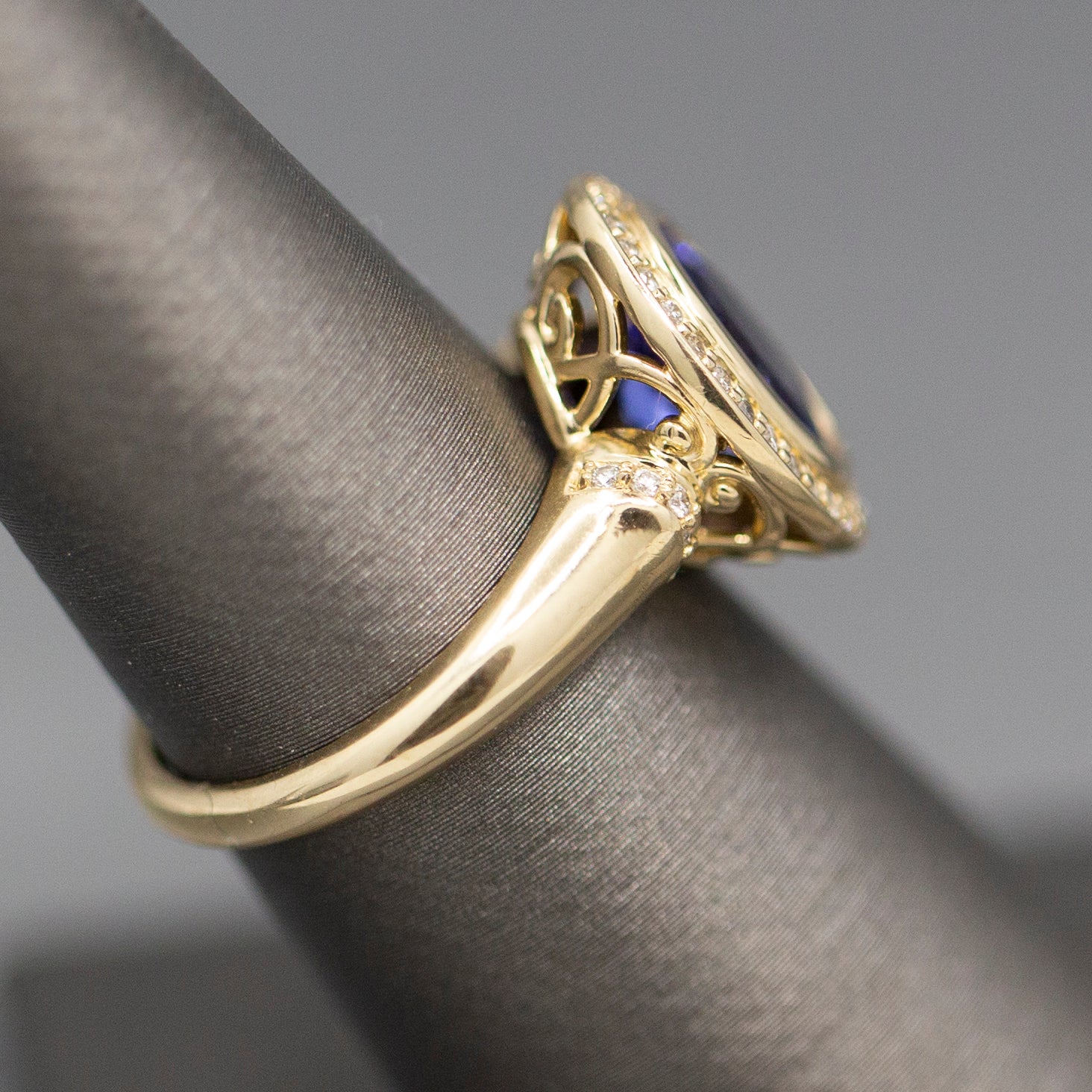 Handcrafted Bold Bezel Set Tanzanite and Diamond Ring in 14k Yellow Gold