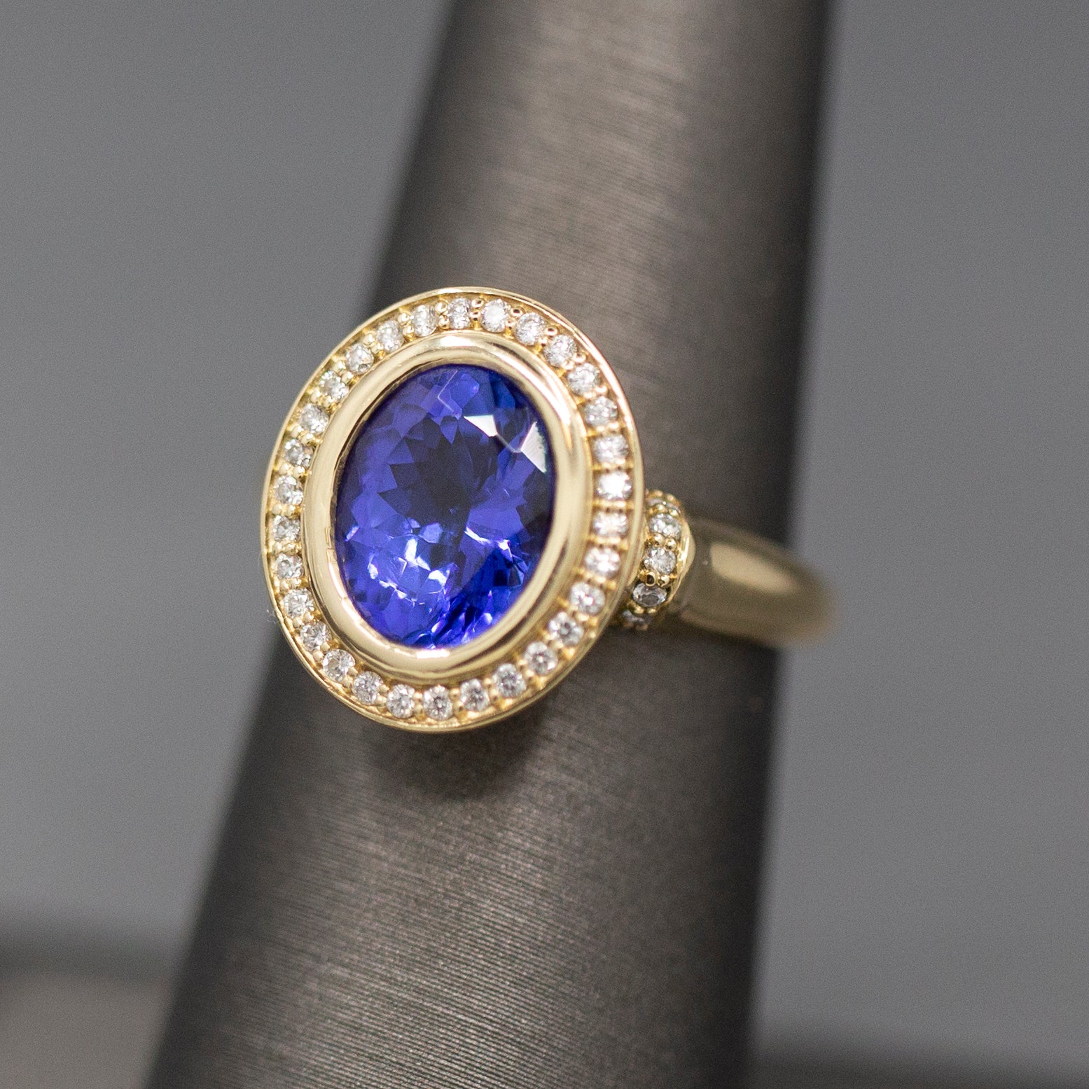 Handcrafted Bold Bezel Set Tanzanite and Diamond Ring in 14k Yellow Gold