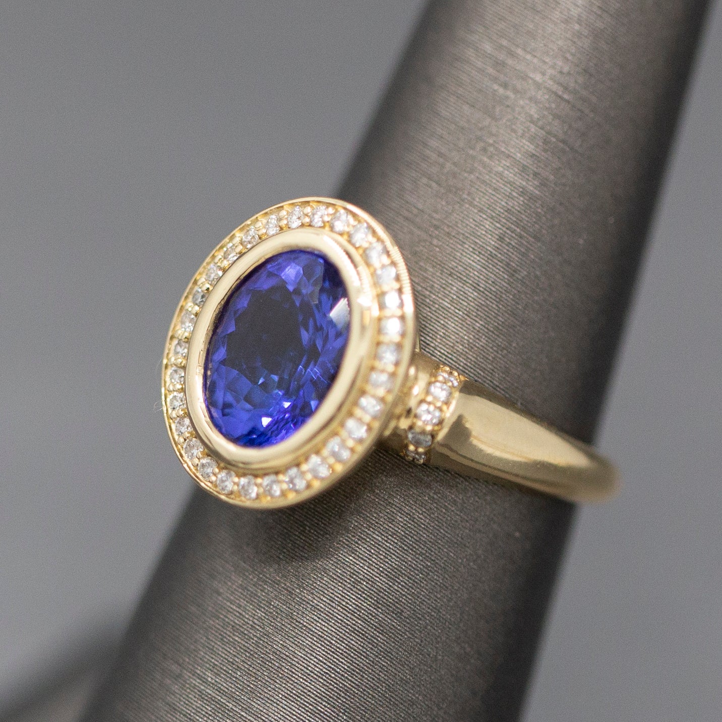 Handcrafted Bold Bezel Set Tanzanite and Diamond Ring in 14k Yellow Gold