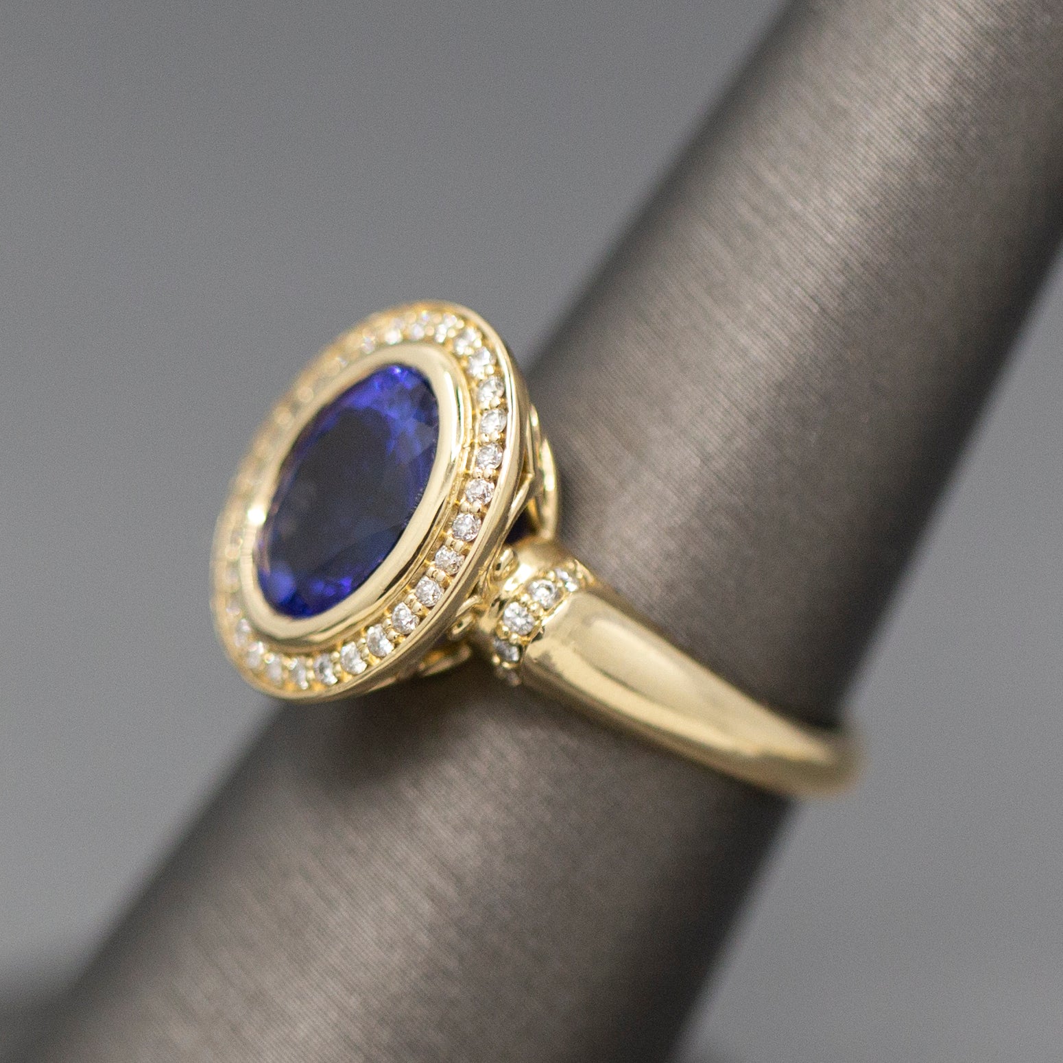 Handcrafted Bold Bezel Set Tanzanite and Diamond Ring in 14k Yellow Gold