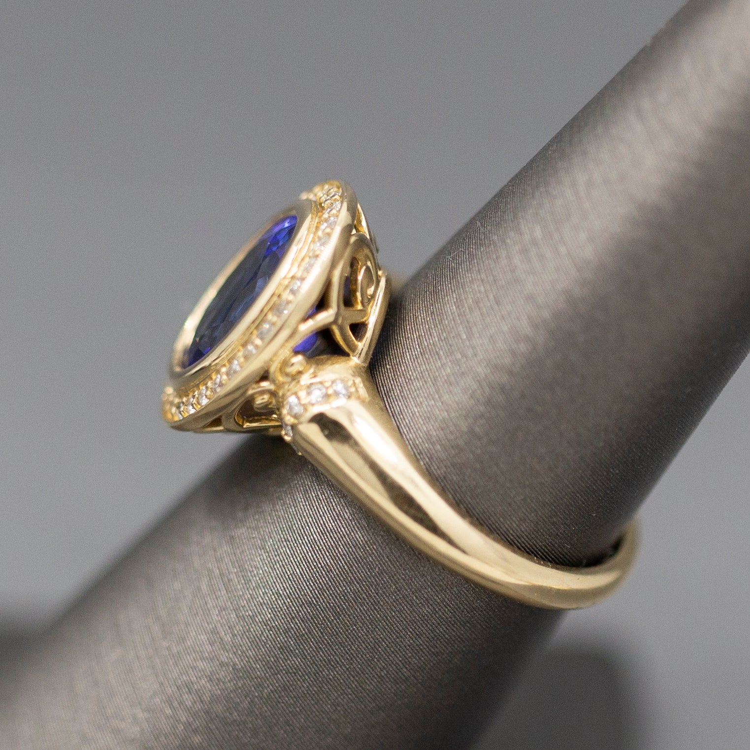 Handcrafted Bold Bezel Set Tanzanite and Diamond Ring in 14k Yellow Gold