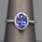 Tanzanite and Diamond Halo Filigree Ring in 14k White and Rose Gold