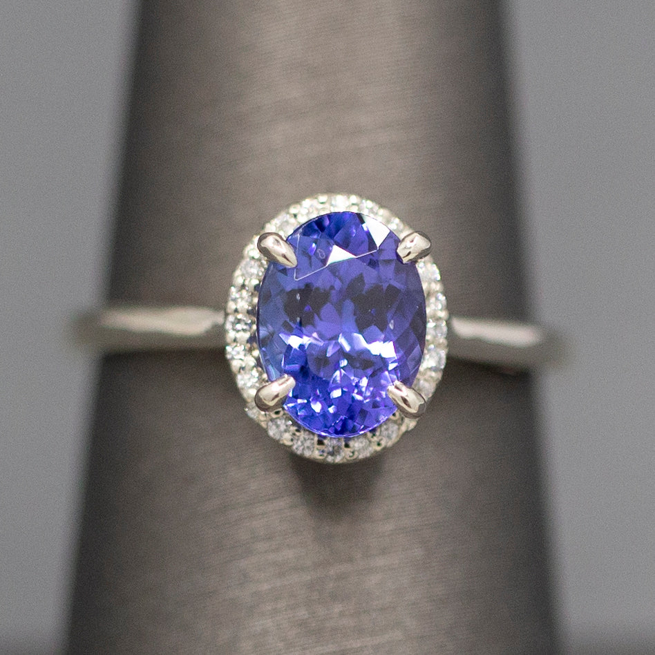 Tanzanite and Diamond Halo Filigree Ring in 14k White and Rose Gold