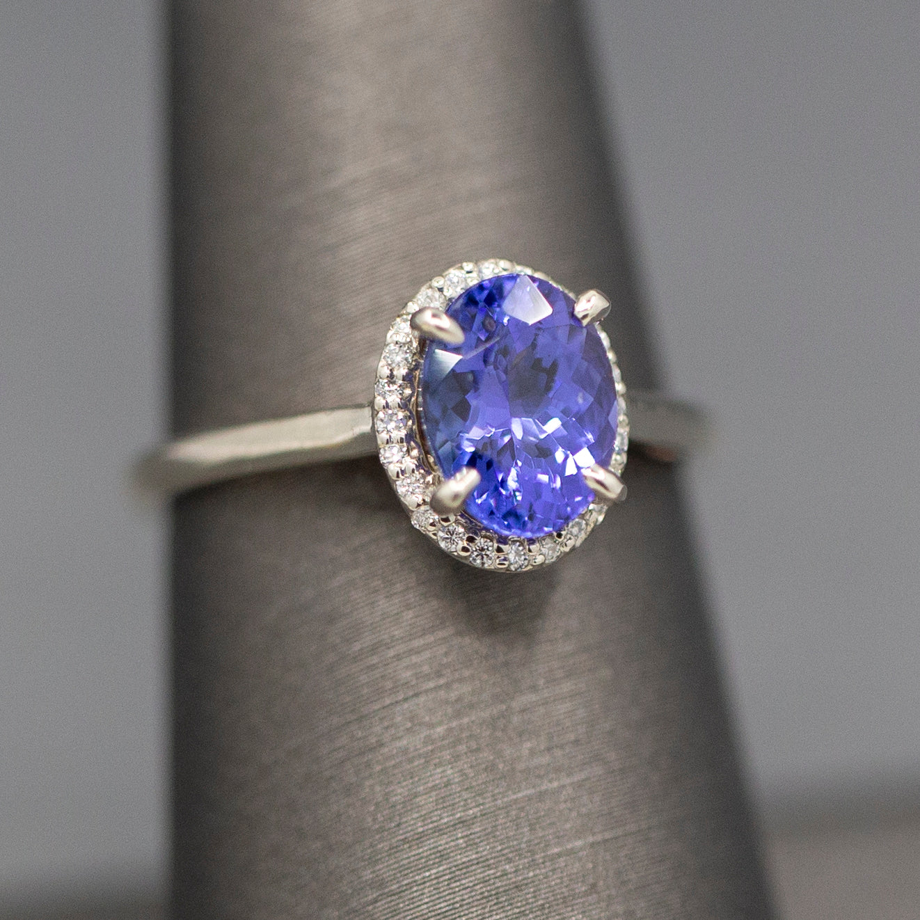 Tanzanite and Diamond Halo Filigree Ring in 14k White and Rose Gold