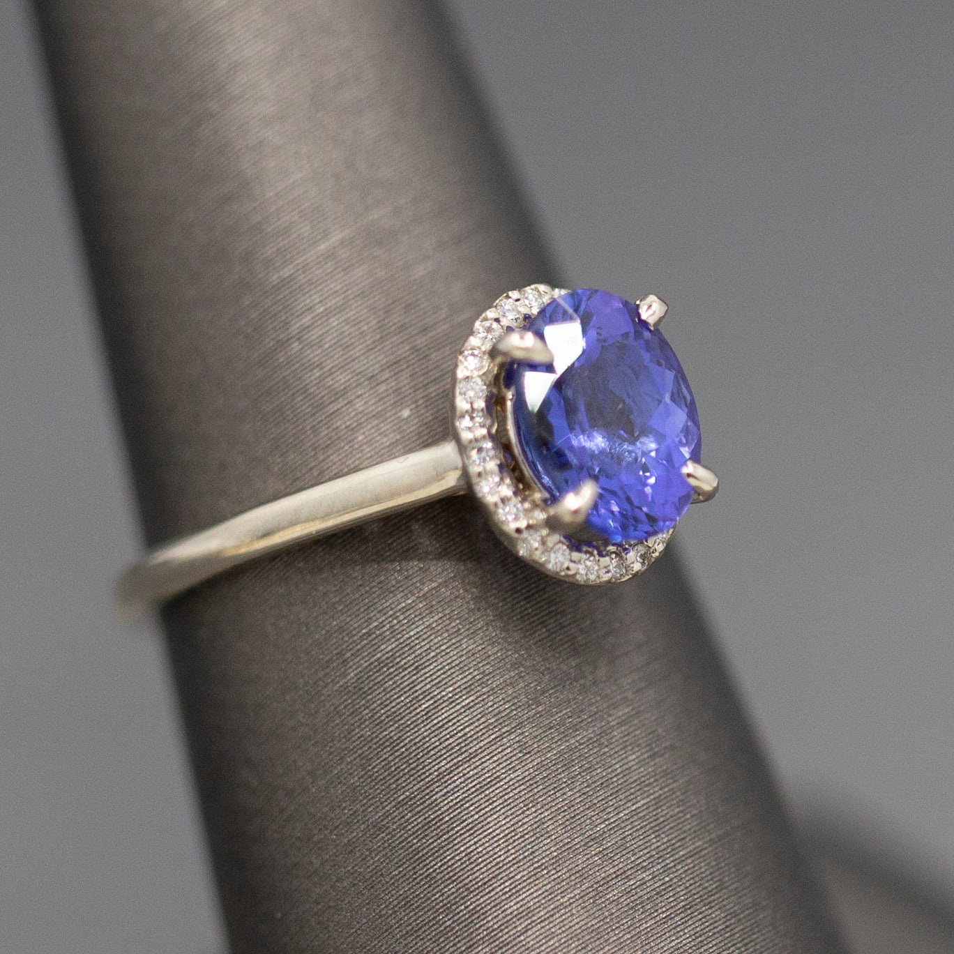 Tanzanite and Diamond Halo Filigree Ring in 14k White and Rose Gold