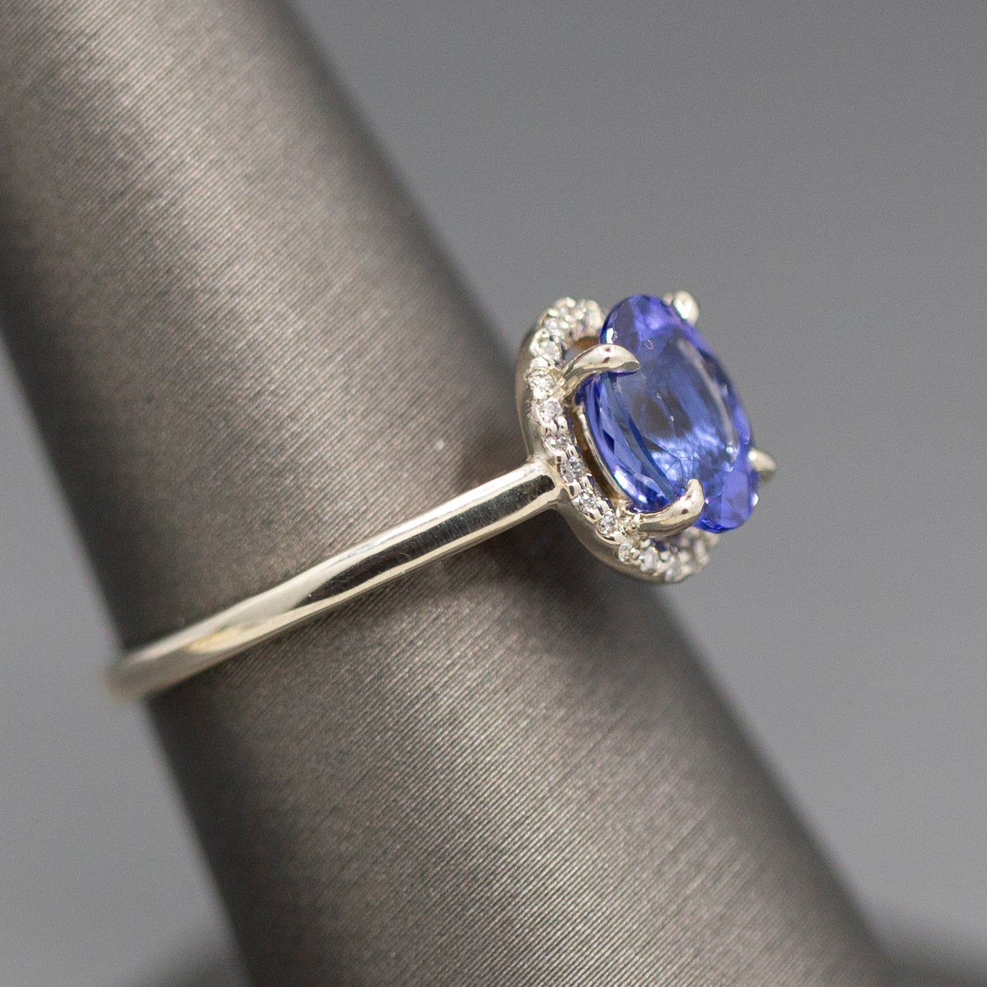 Tanzanite and Diamond Halo Filigree Ring in 14k White and Rose Gold