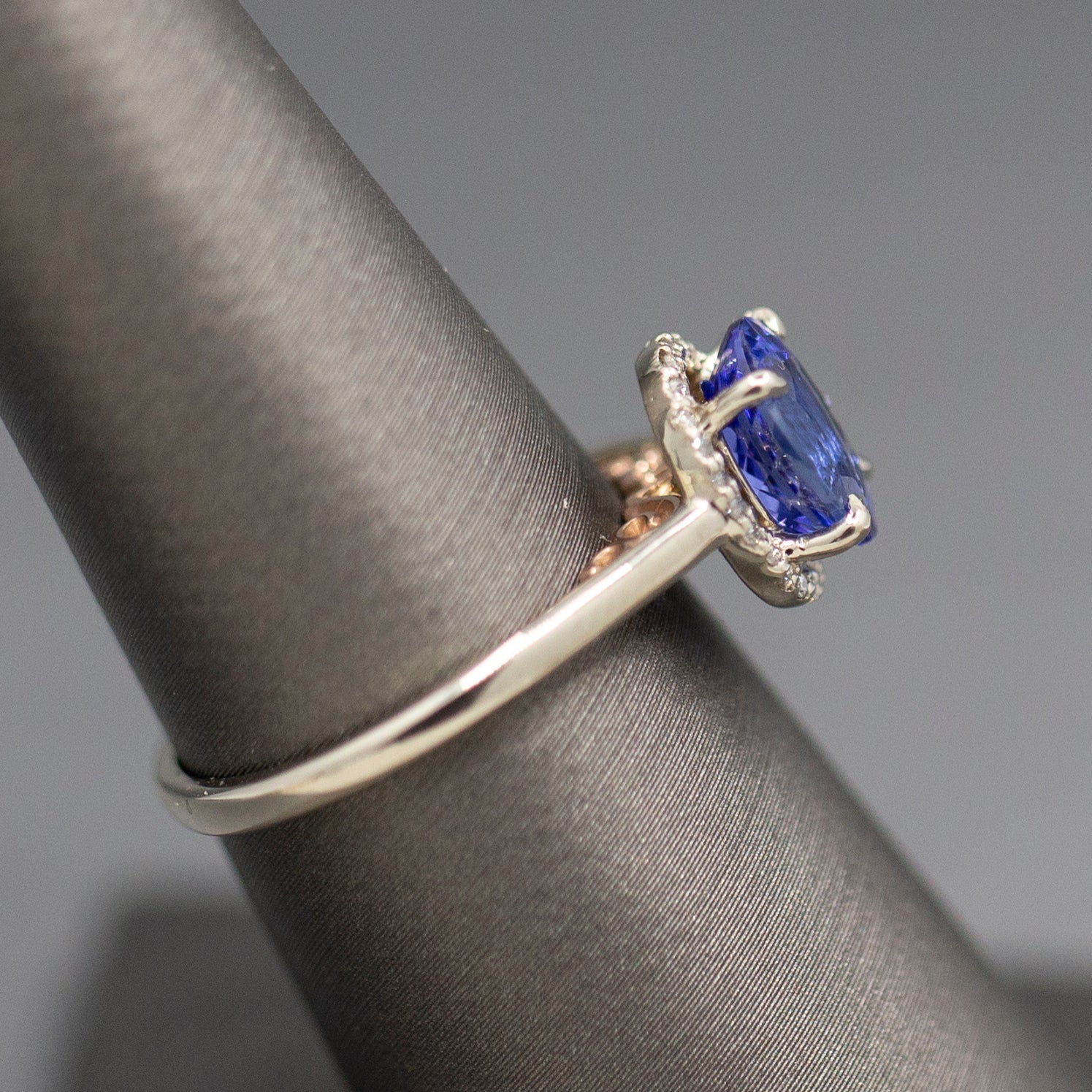 Tanzanite and Diamond Halo Filigree Ring in 14k White and Rose Gold
