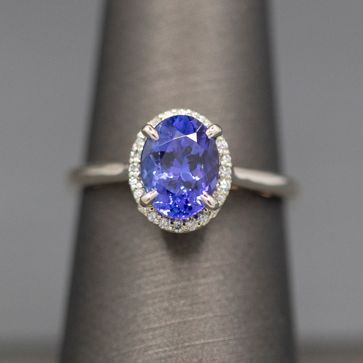 Tanzanite and Diamond Halo Filigree Ring in 14k White and Rose Gold