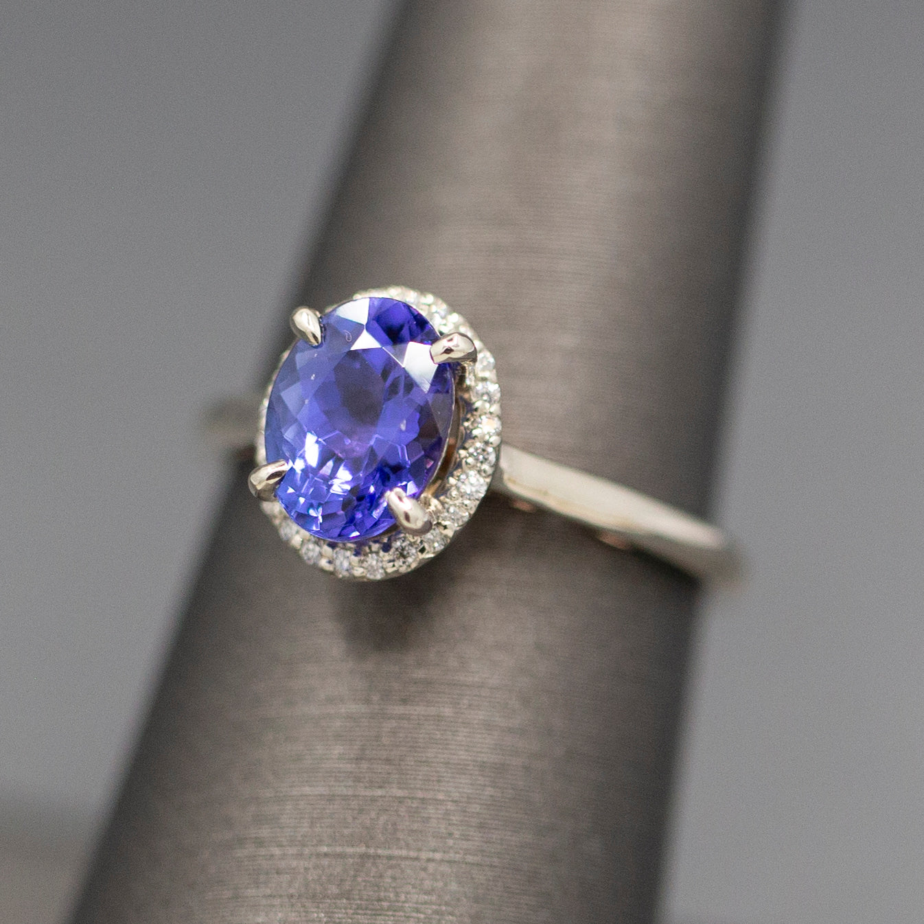 Tanzanite and Diamond Halo Filigree Ring in 14k White and Rose Gold