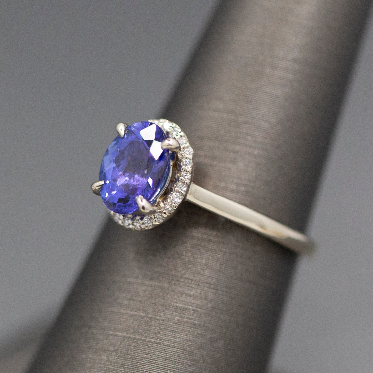 Tanzanite and Diamond Halo Filigree Ring in 14k White and Rose Gold