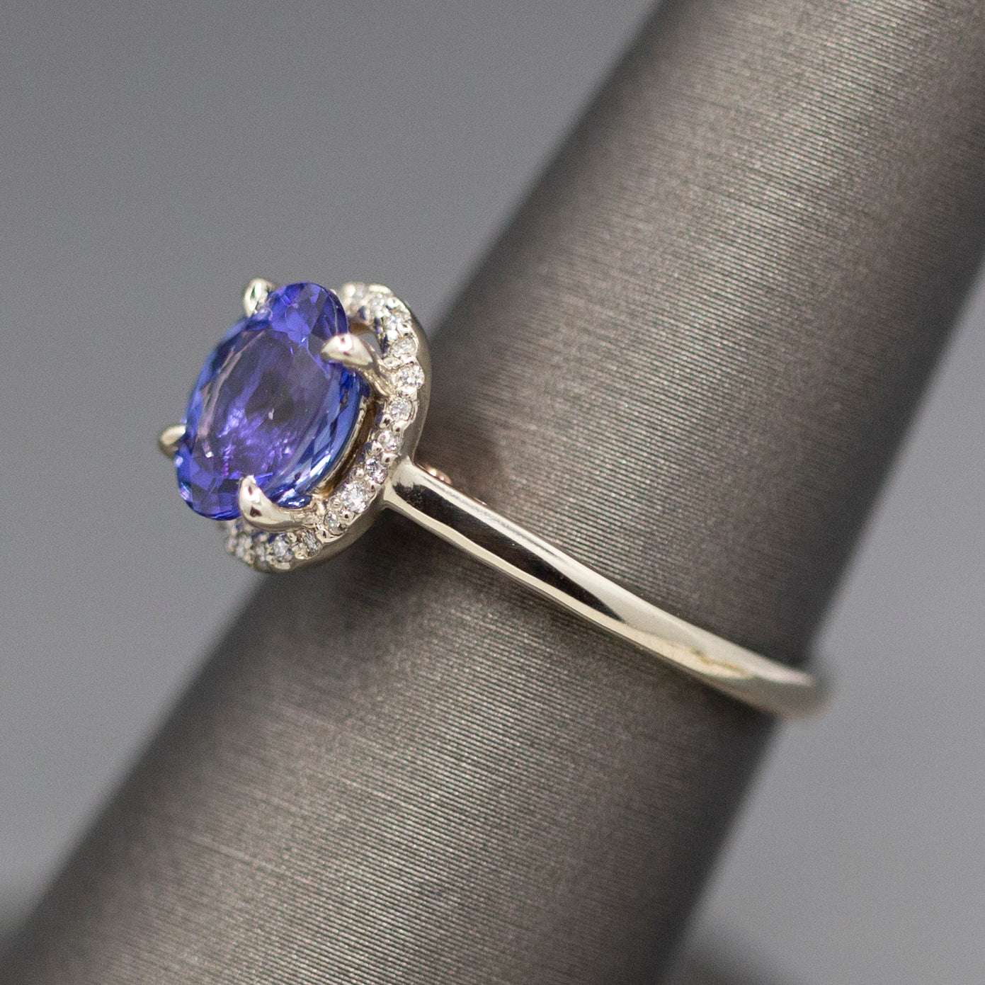 Tanzanite and Diamond Halo Filigree Ring in 14k White and Rose Gold