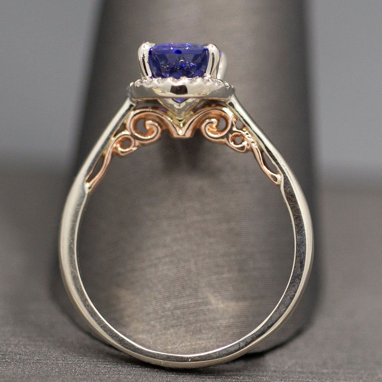 Tanzanite and Diamond Halo Filigree Ring in 14k White and Rose Gold