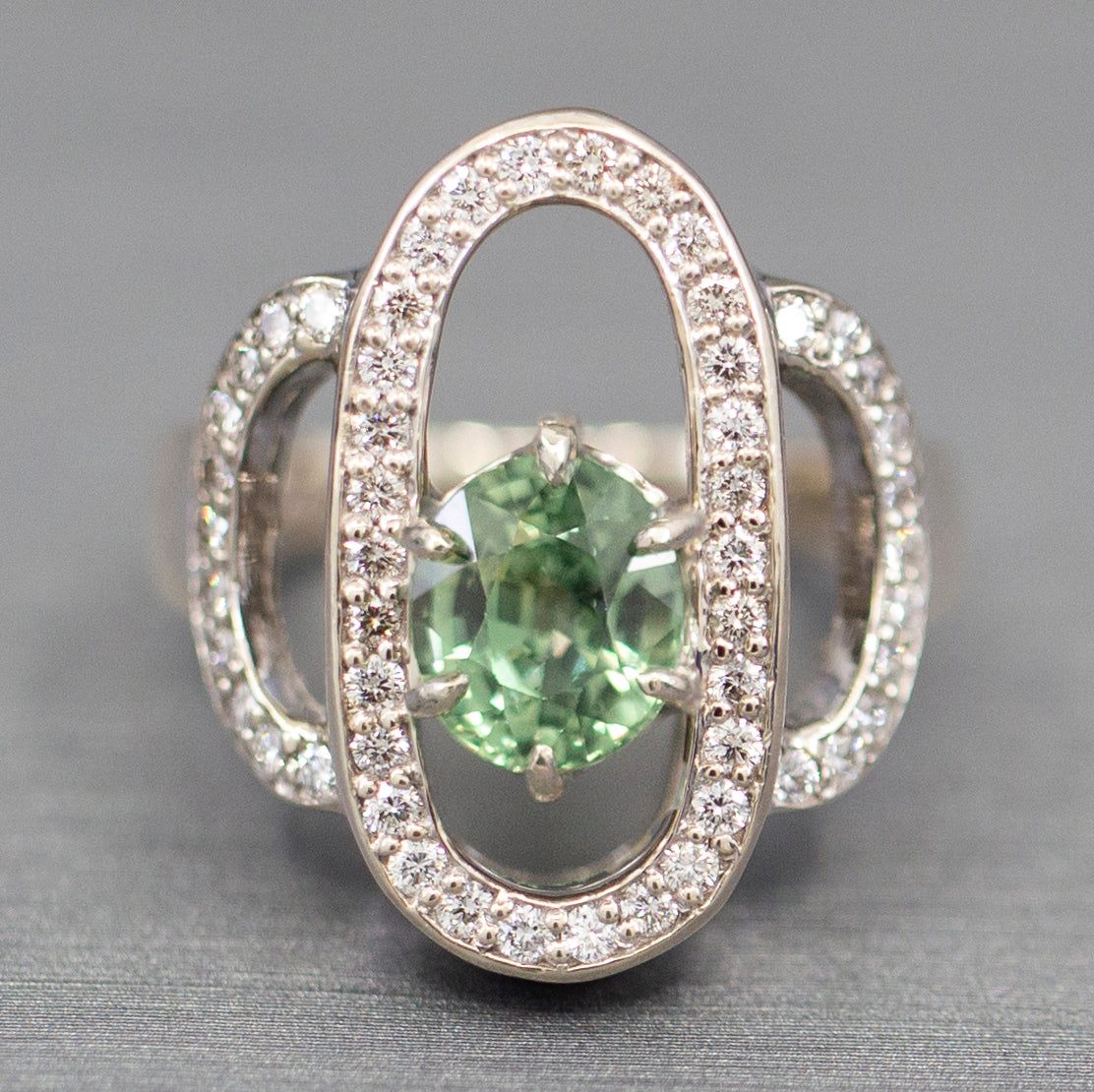 Gorgeous 3.02ctw Green Sapphire and Diamond Cocktail Ring in 14k White Gold