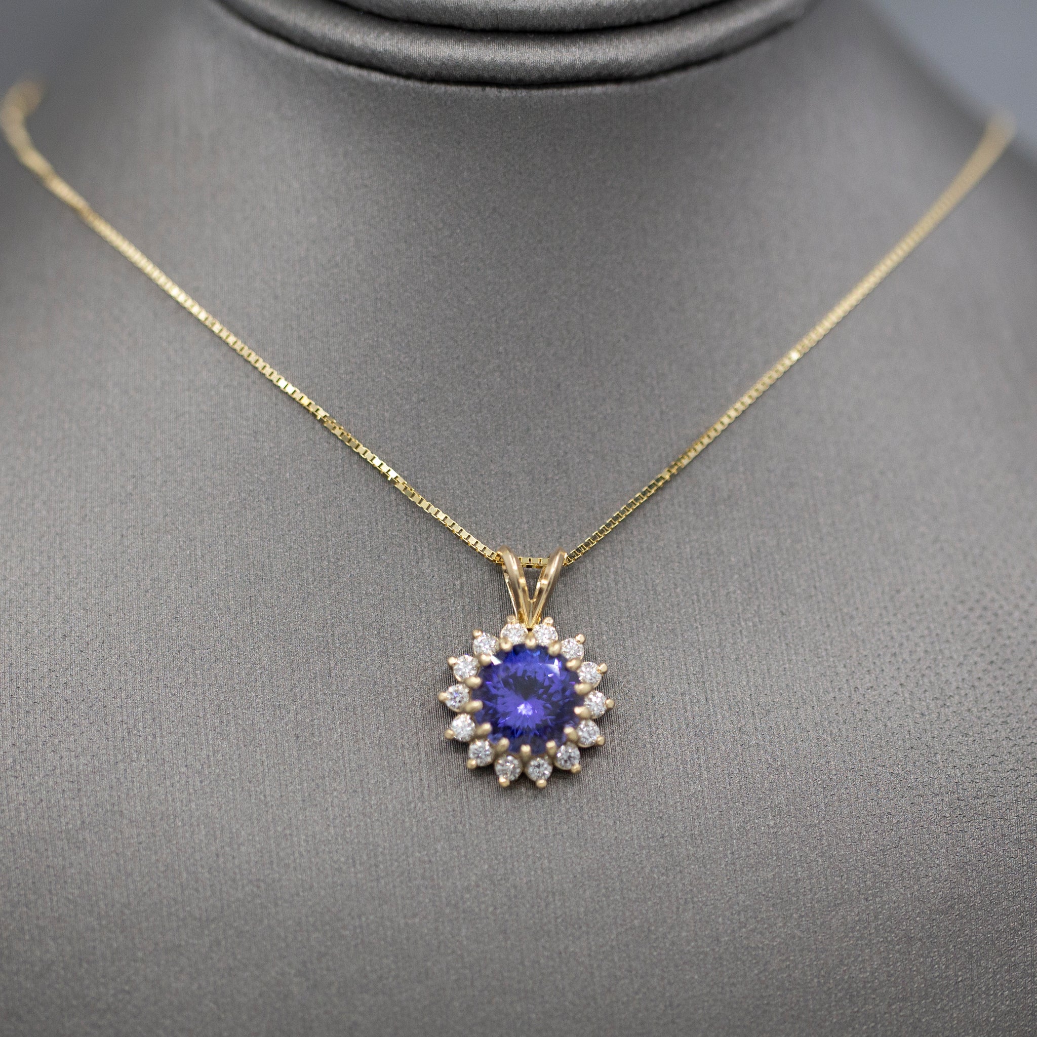 Lush Vivid Natural Tanzanite and Diamond Pendant Necklace in 14k Yellow Gold
