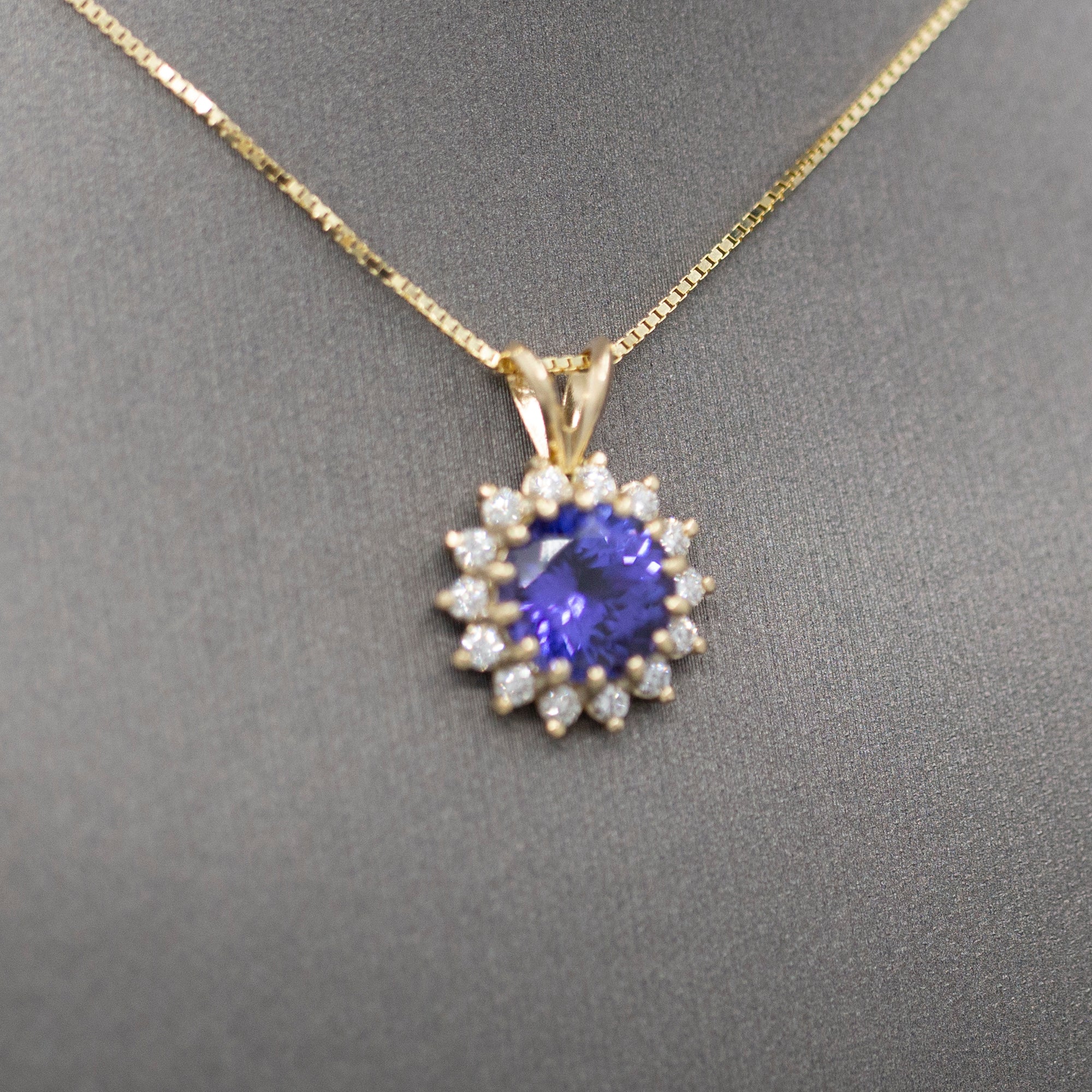 Lush Vivid Natural Tanzanite and Diamond Pendant Necklace in 14k Yellow Gold
