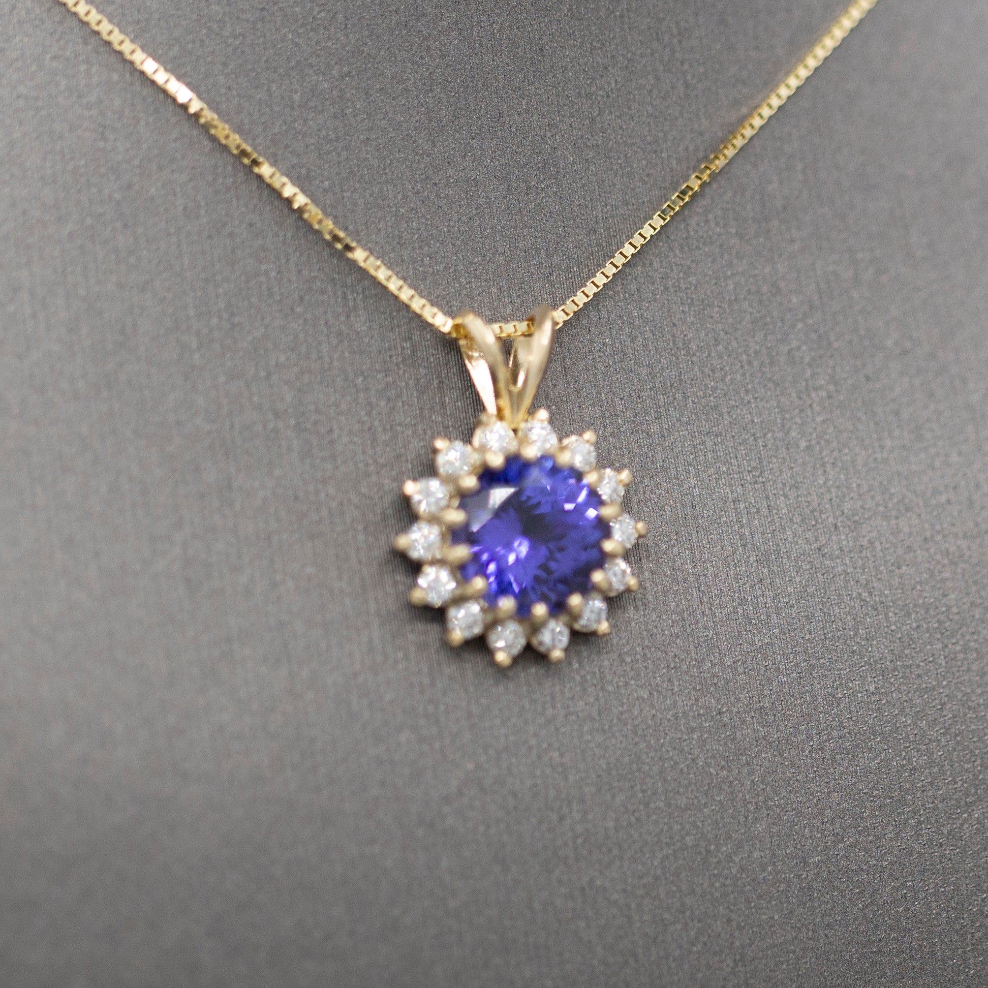 Lush Vivid Natural Tanzanite and Diamond Pendant Necklace in 14k Yellow Gold