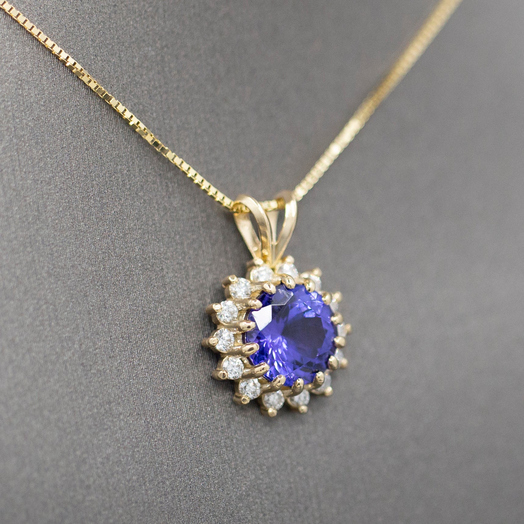 Lush Vivid Natural Tanzanite and Diamond Pendant Necklace in 14k Yellow Gold