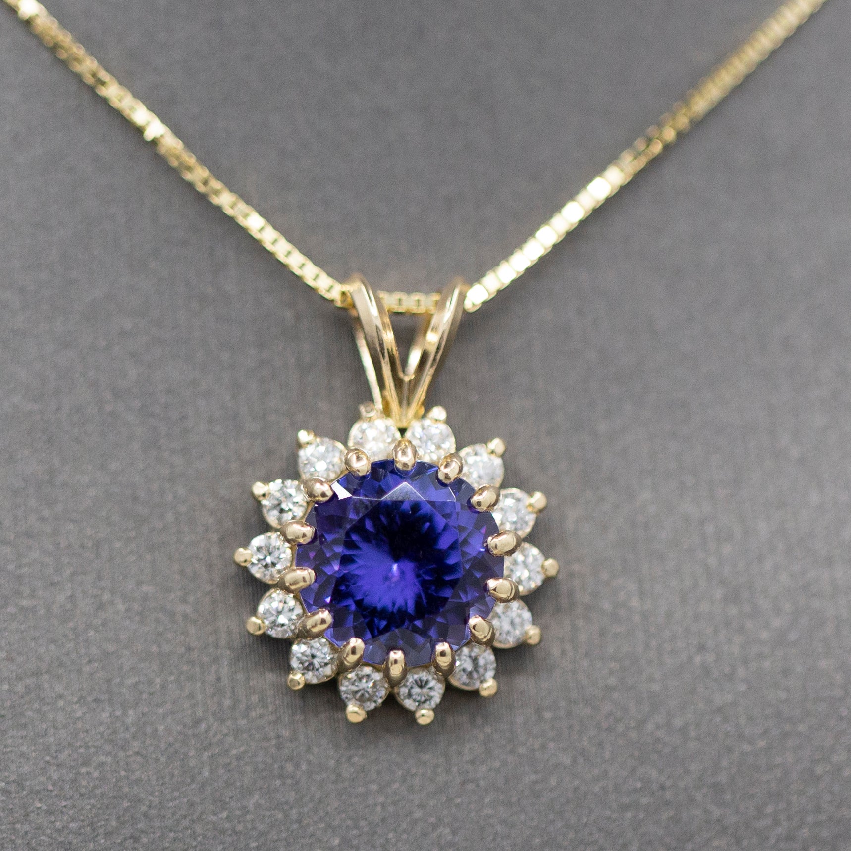 Lush Vivid Natural Tanzanite and Diamond Pendant Necklace in 14k Yellow Gold