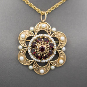 Mid-Century Etruscan Revival Large Garnet and Pearl Pendant Brooch in 14k Yellow Gold