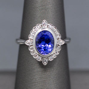 Bezel Set Oval Tanzanite and Diamond Accent Compass Ring in 14k White Gold
