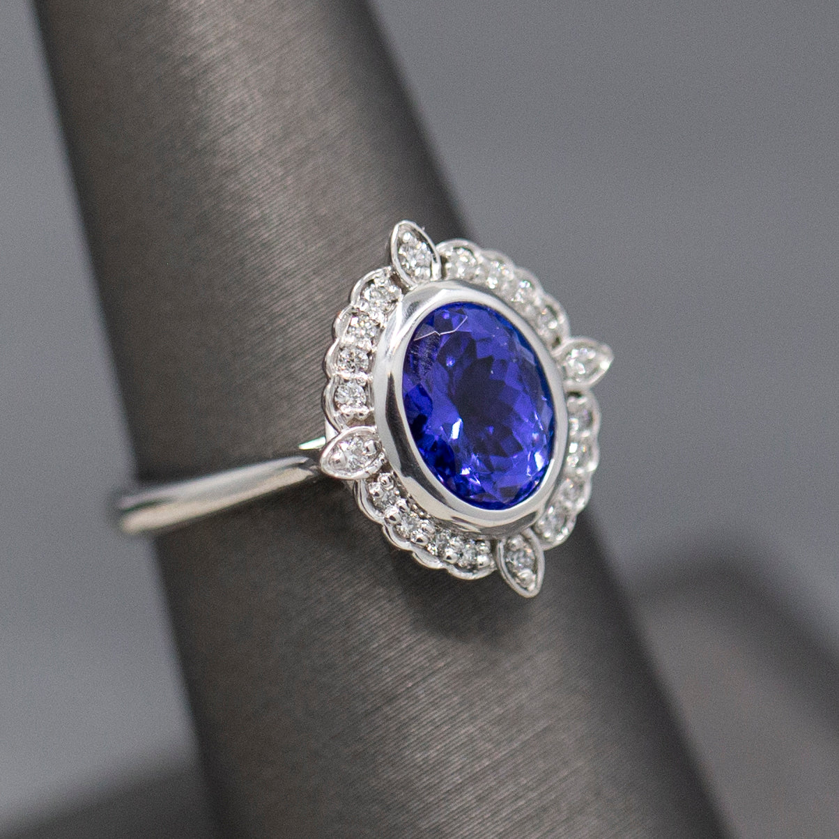 Bezel Set Oval Tanzanite and Diamond Accent Compass Ring in 14k White Gold