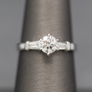 Classic GIA Certified 0.70ct J SI1 Round Diamond with Baguette Sides in 14k White Gold Engagement Ring