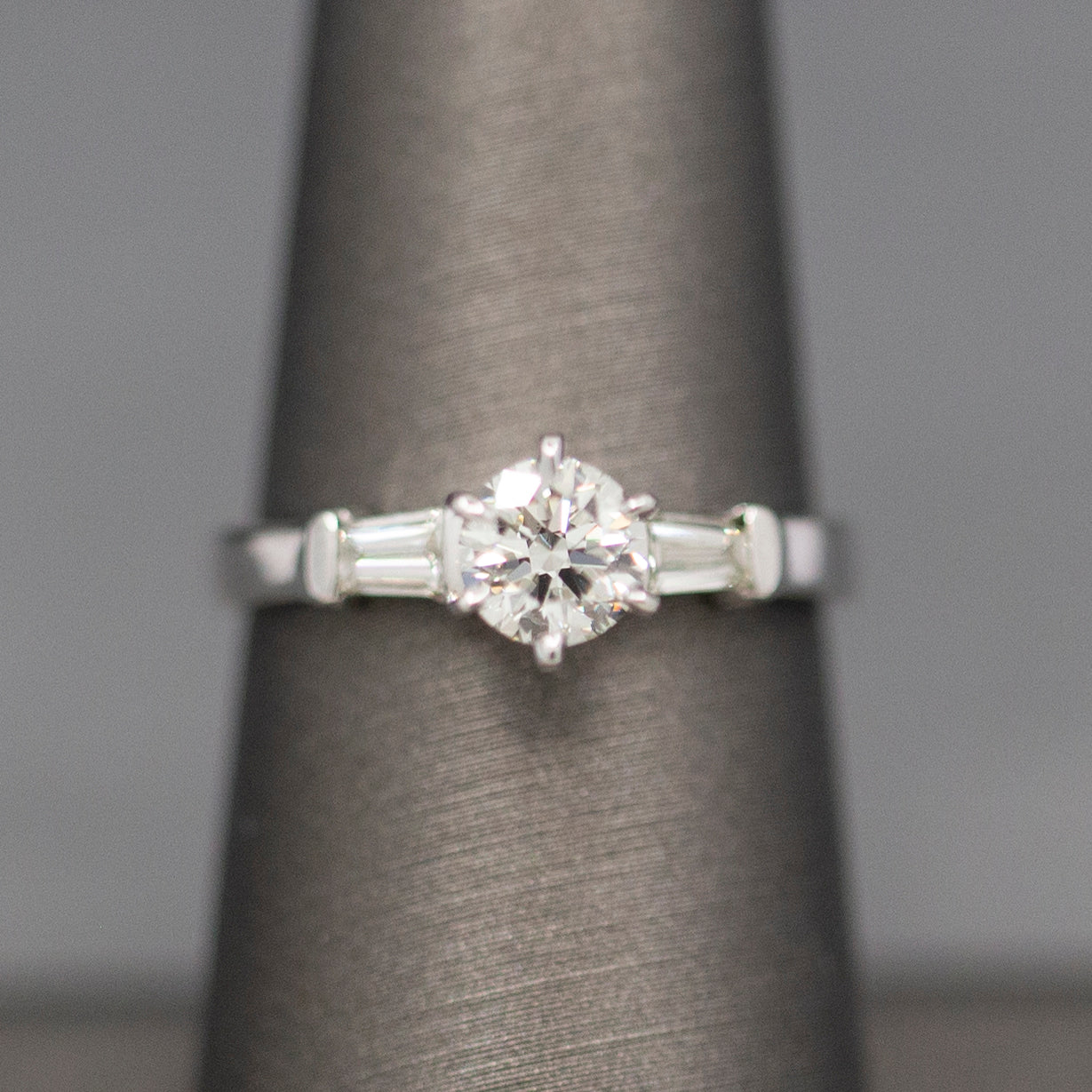 Classic GIA Certified 0.70ct J SI1 Round Diamond with Baguette Sides in 14k White Gold Engagement Ring
