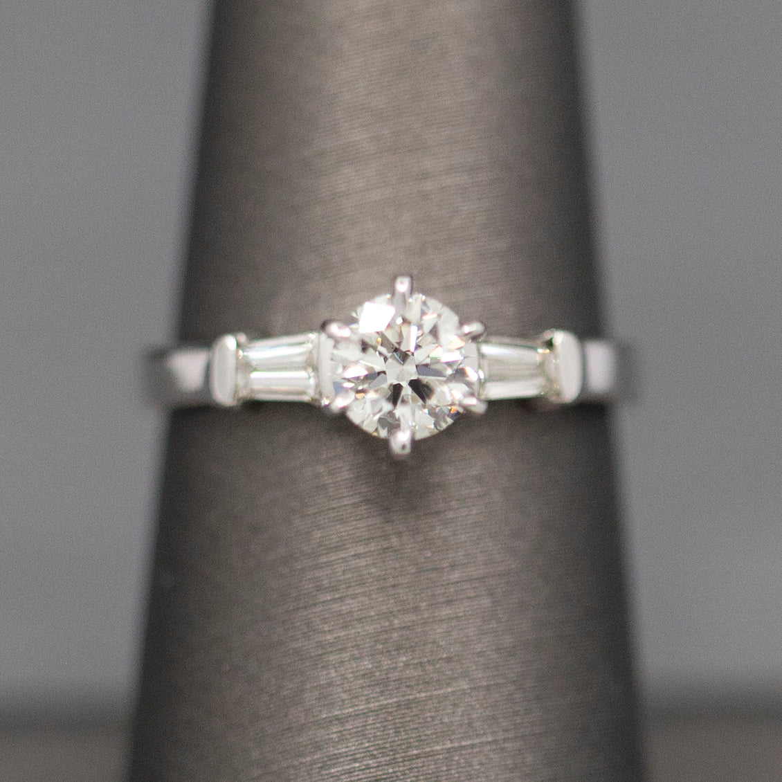 Classic GIA Certified 0.70ct J SI1 Round Diamond with Baguette Sides in 14k White Gold Engagement Ring