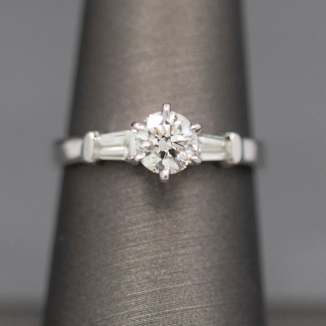 Classic GIA Certified 0.70ct J SI1 Round Diamond with Baguette Sides in 14k White Gold Engagement Ring