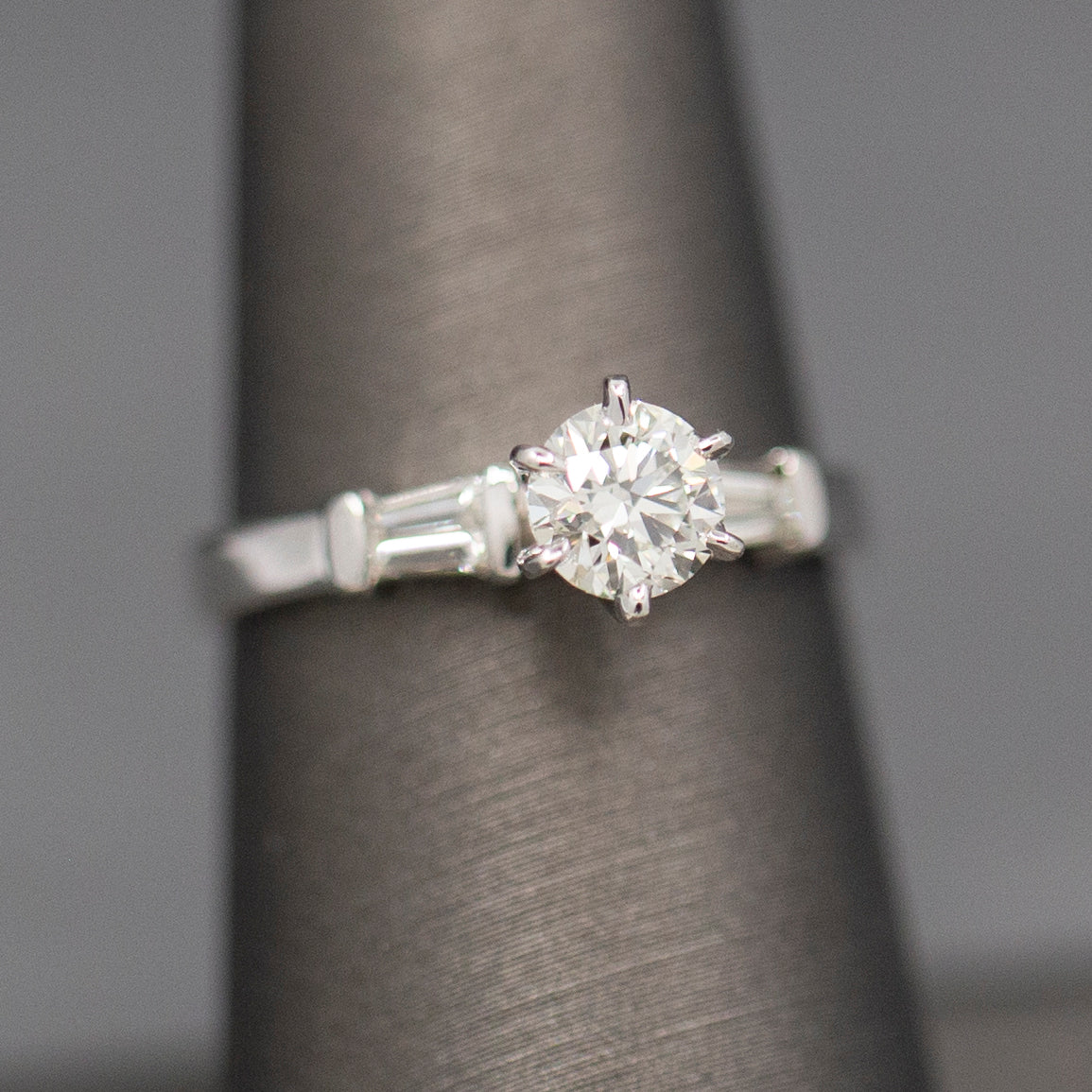Classic GIA Certified 0.70ct J SI1 Round Diamond with Baguette Sides in 14k White Gold Engagement Ring