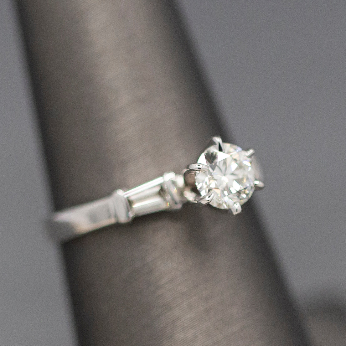 Classic GIA Certified 0.70ct J SI1 Round Diamond with Baguette Sides in 14k White Gold Engagement Ring