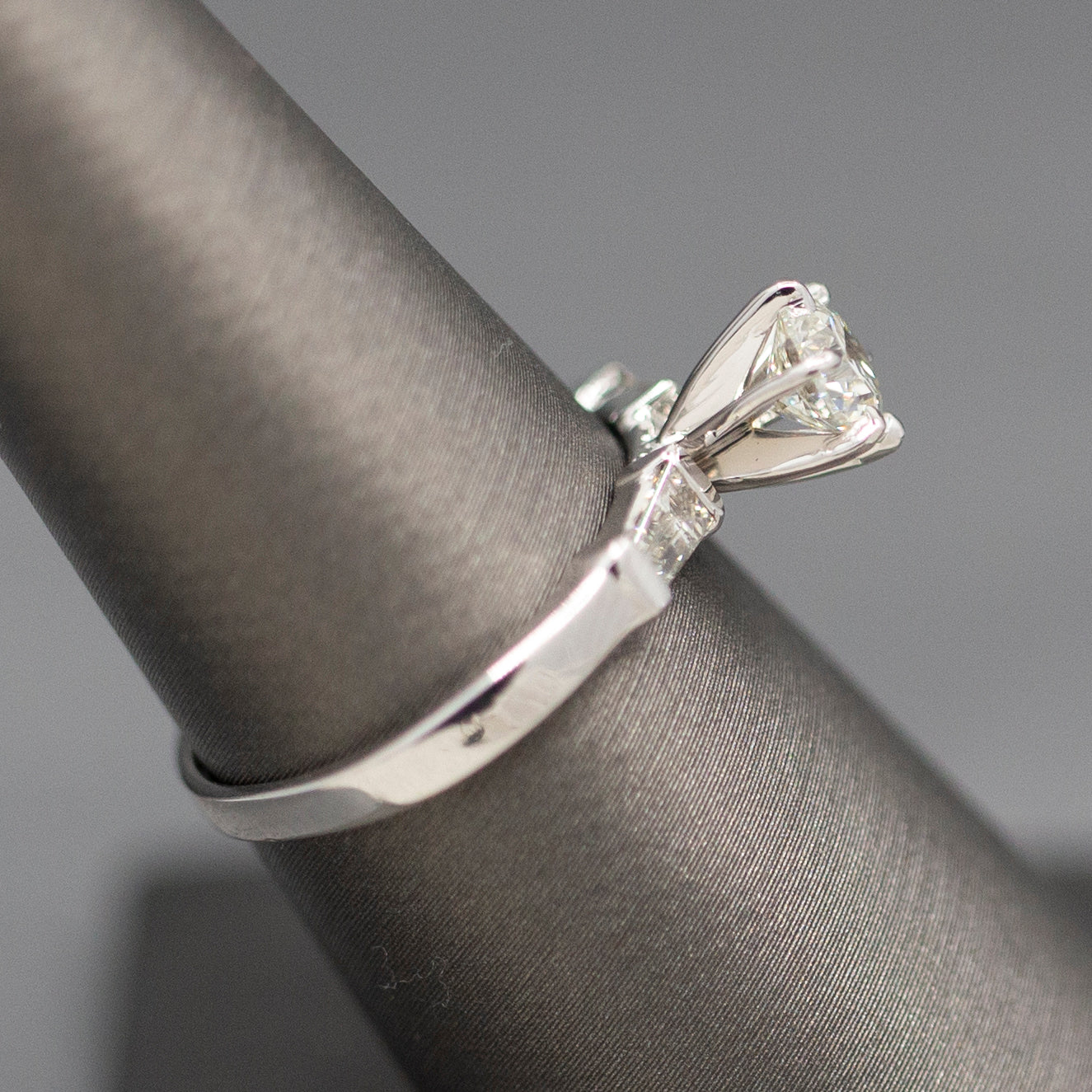 Classic GIA Certified 0.70ct J SI1 Round Diamond with Baguette Sides in 14k White Gold Engagement Ring