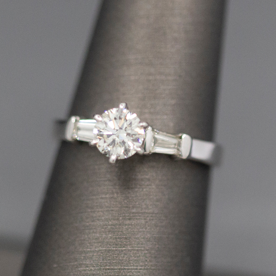 Classic GIA Certified 0.70ct J SI1 Round Diamond with Baguette Sides in 14k White Gold Engagement Ring
