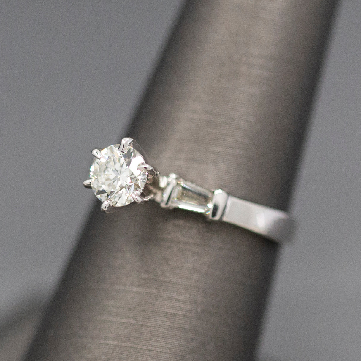 Classic GIA Certified 0.70ct J SI1 Round Diamond with Baguette Sides in 14k White Gold Engagement Ring