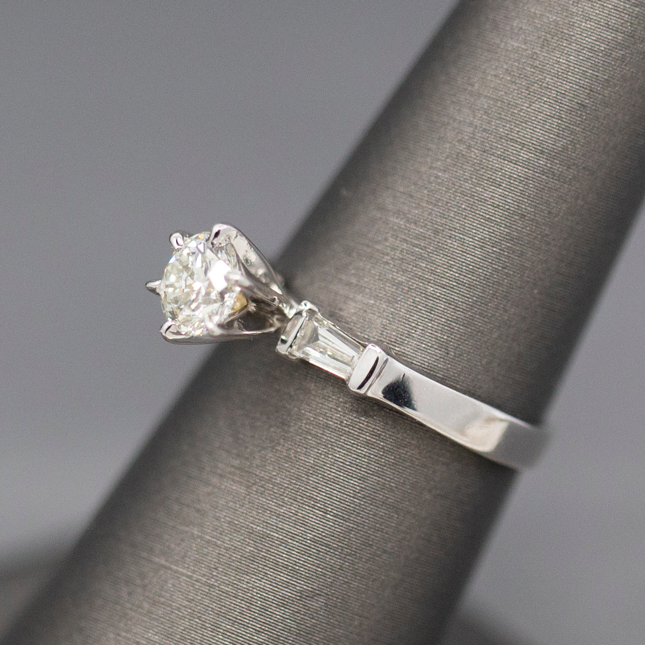 Classic GIA Certified 0.70ct J SI1 Round Diamond with Baguette Sides in 14k White Gold Engagement Ring