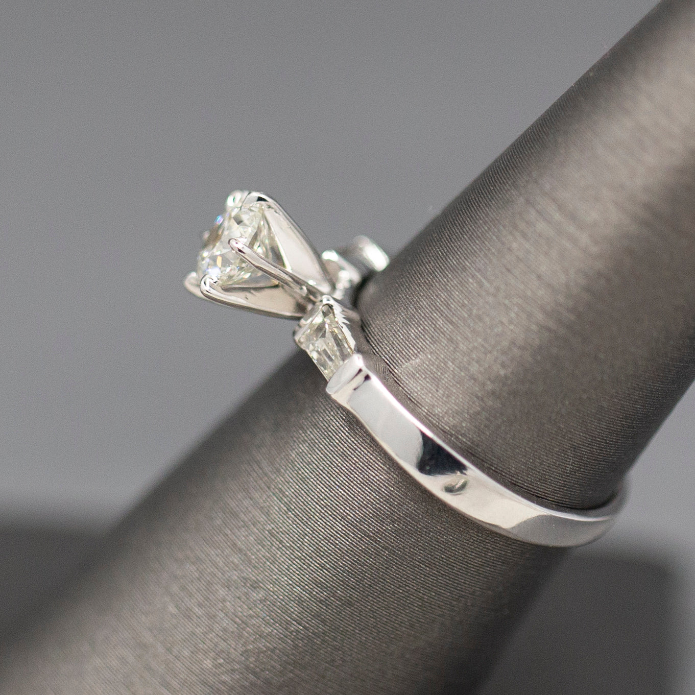 Classic GIA Certified 0.70ct J SI1 Round Diamond with Baguette Sides in 14k White Gold Engagement Ring