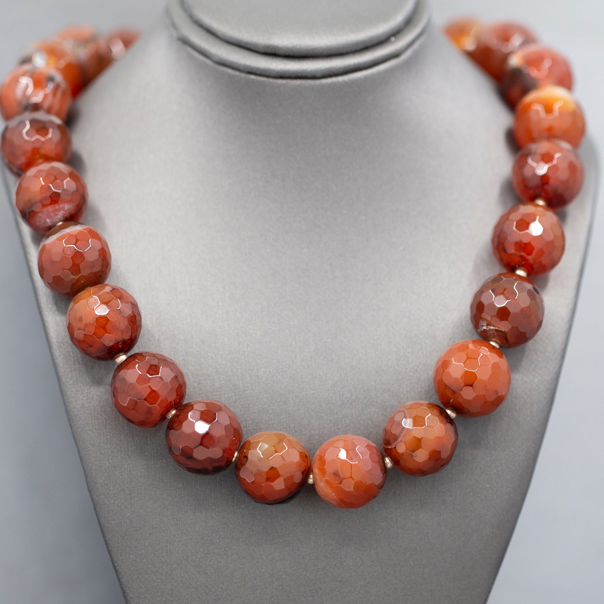 Handcrafted Faceted Carnelian Bead Graduated Necklace with Sterling Silver Toggle