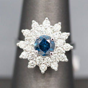 Blue and White Diamond Sunburst Engagement Ring in 18k White Gold