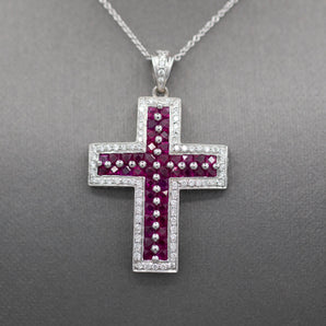 Stunning Ruby and Diamond Cross Pendant Necklace in 18k White Gold