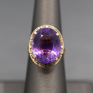 Plush Purple Amethyst Cocktail Ring with Greek Key Border in 14k Yellow Gold