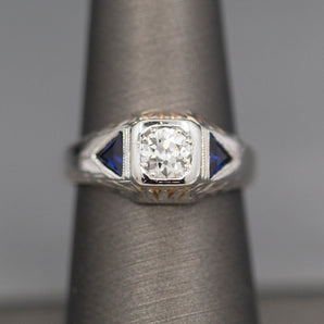 Vintage Old European Cut and Sapphire Engraved Engagement Wedding Ring in 18k White Gold