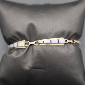 G Nelson Navajo White Opal and Purple Sugilite Inlay Link Bracelet in Solid 14k Yellow Gold