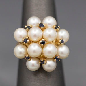 Bold Sapphire and Akoya Pearl Cocktail Ring in 14k Yellow Gold