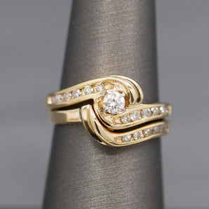 Pretty Petite Round Diamond Channel Set Swirl Engagement Ring and Wedding Band Set 14k