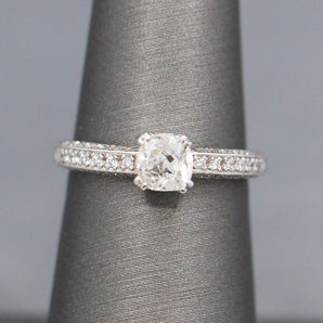 Charming Old Mine Cut Cushion Shaped Diamond Engraved Engagement Ring in 18k White Gold