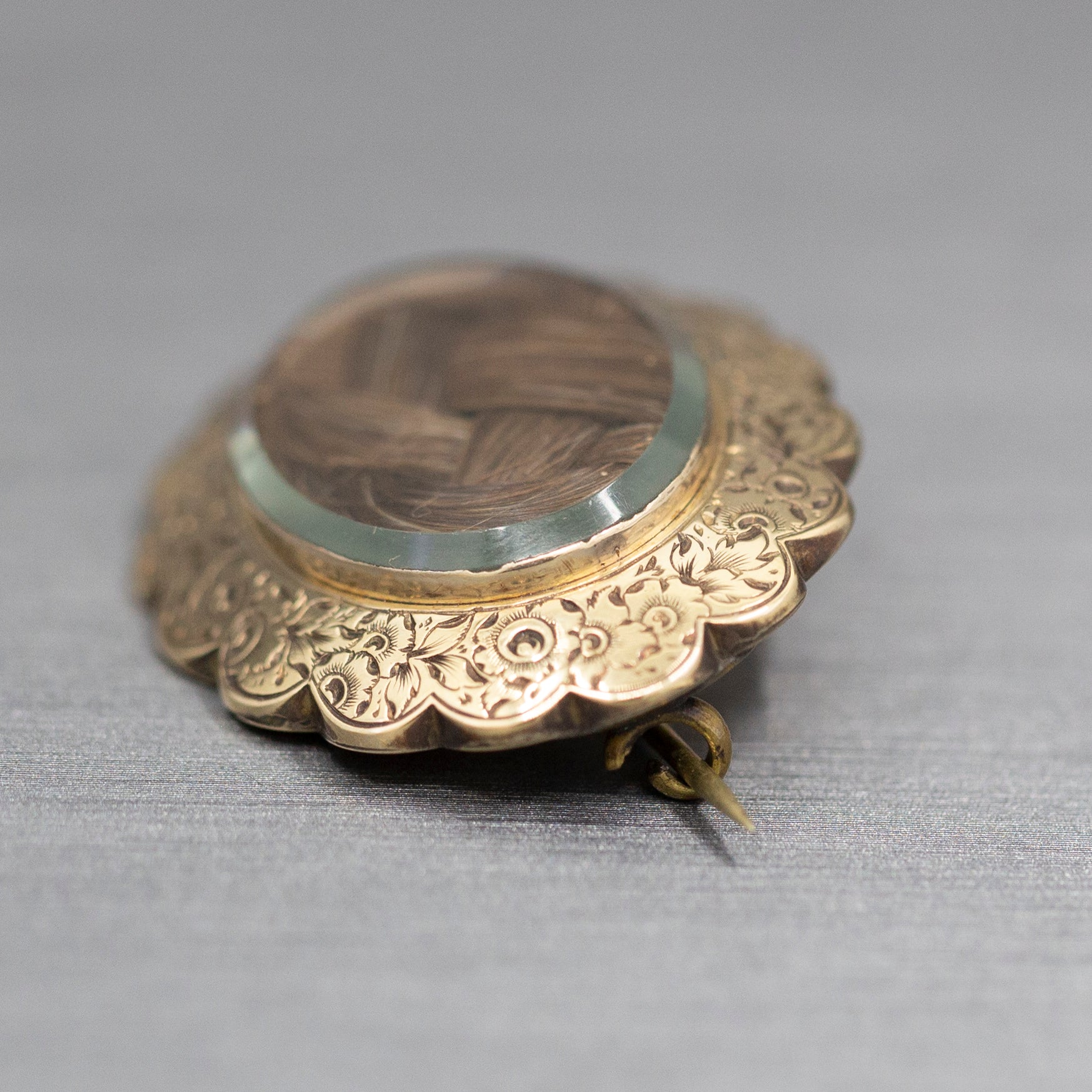 Victorian Braided Hair Brooch in 14k Yellow Gold Engraved Frame
