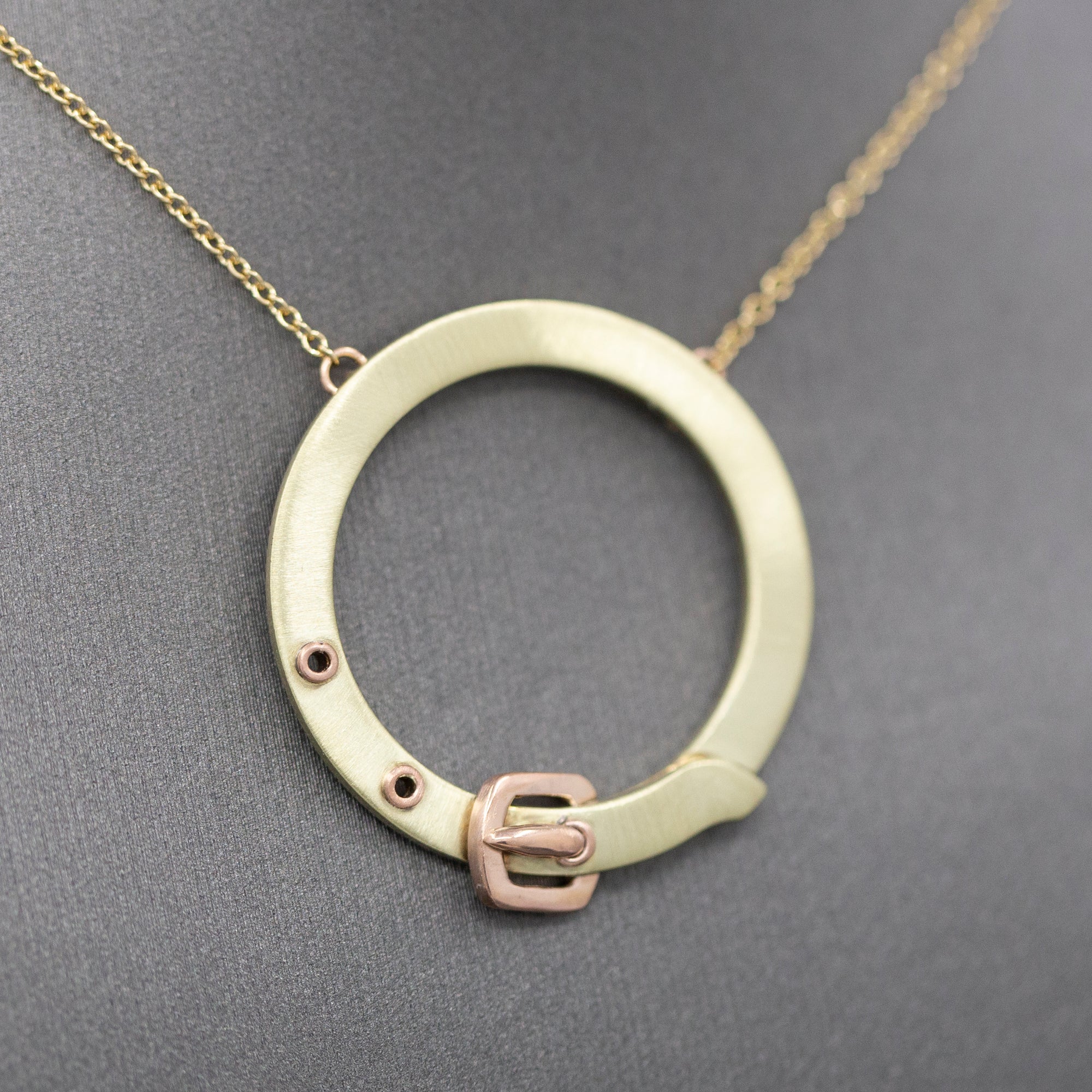 Upcycled Victorian Two Tone Buckle Circle Necklace in 14k Rose and Yellow Gold